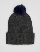 Asos Beanie In Charcoal With Contrast Bobble - Gray