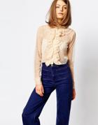 Lost Ink Sheer Ruffle Front Cropped Shirt - Cream
