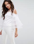 Prettylittlething Organza Frill Sleeve Blouse With Mesh Insert - White