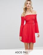 Asos Tall Shirred Bardot Mini Dress With Trumpet Sleeve - Red