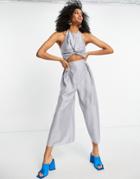 Asos Design Twist Front Wide Leg Jumpsuit In Silver Gray