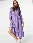 Monki Pearl Tiered Midi Dress With Collar In Purple Spot Print-blues