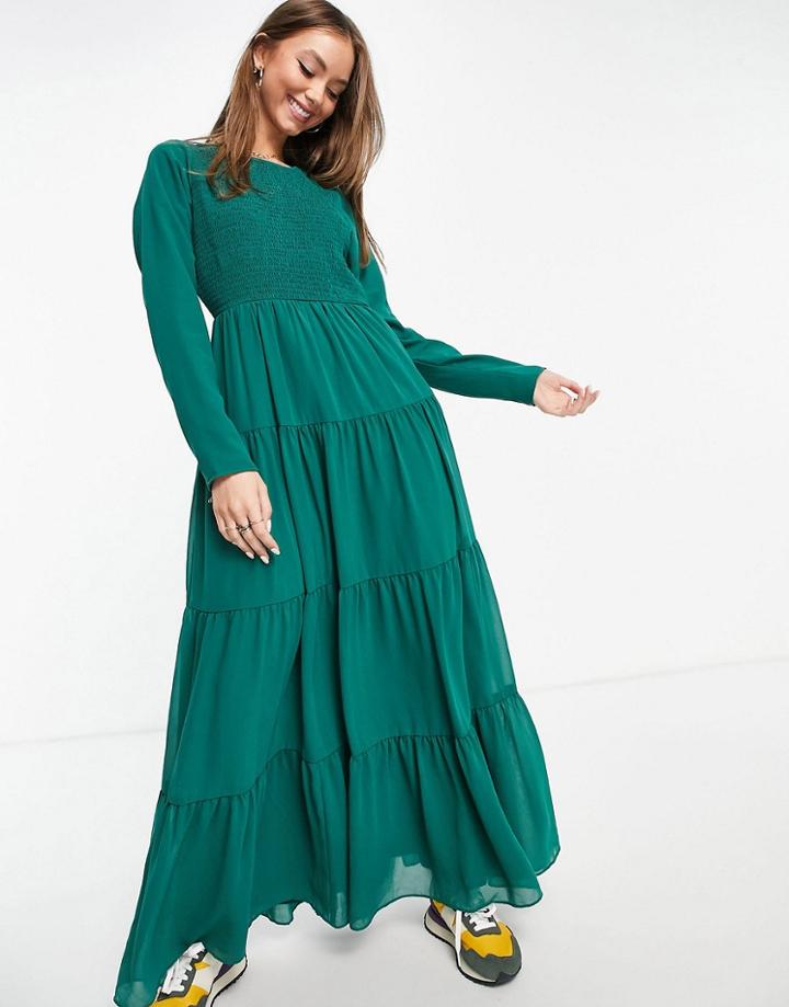 Asos Design Shirred Tiered Maxi Dress In Khaki-green