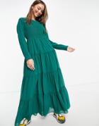 Asos Design Shirred Tiered Maxi Dress In Khaki-green