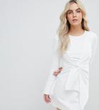 Asos Design Petite Mini Skater Dress With Twist Front And Frill Cuffs - White