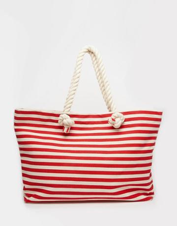 Buji Baja Canvas Stripe Beach Bag With Rope Handles - Red Stripe
