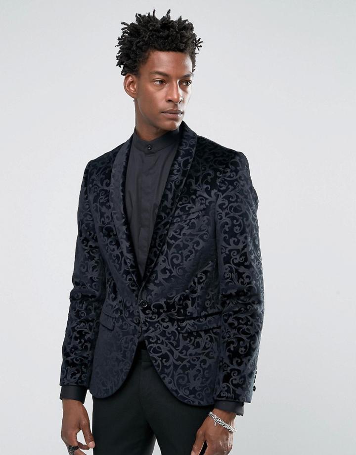 Noose & Monkey Super Skinny Blazer In Floral Velvet With Shawl Lapel - Gray