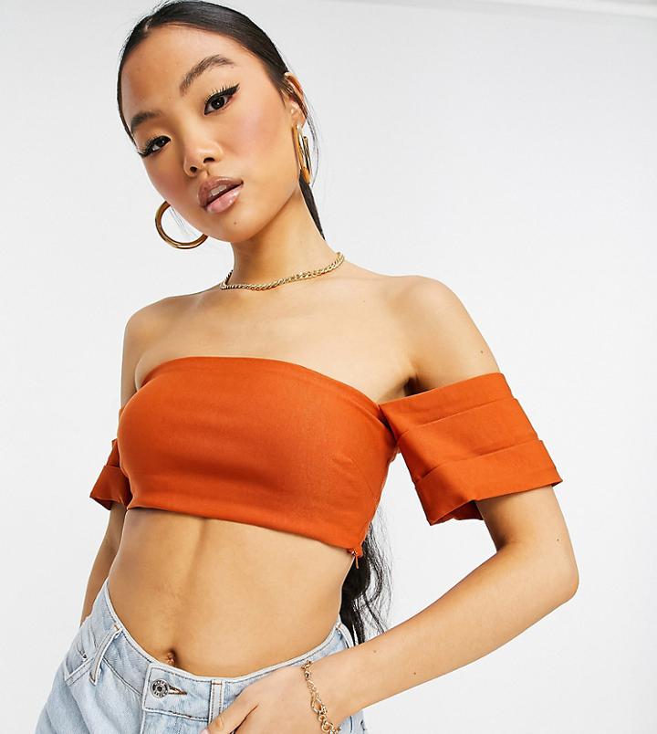 Vesper Petite Crop Top With Pleated Shoulders In Rust-orange