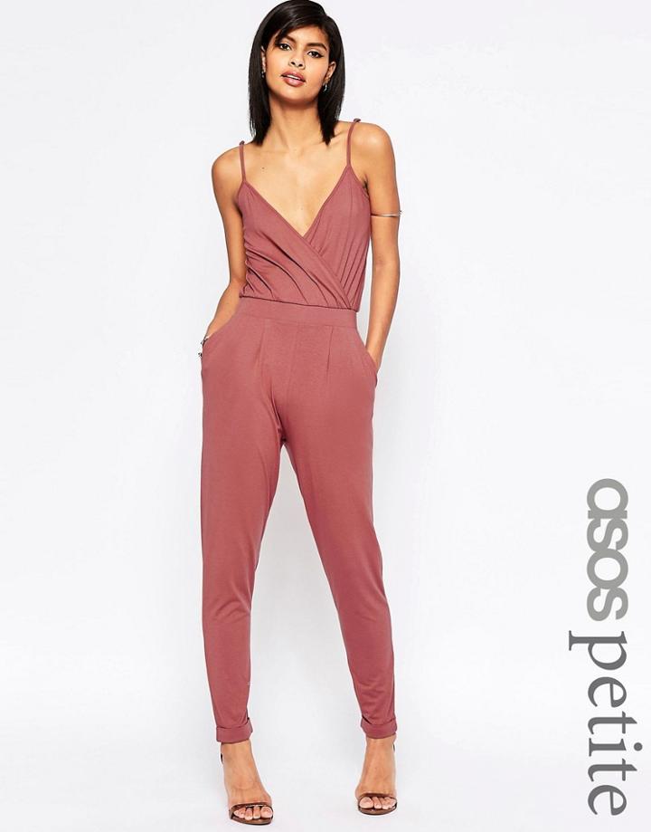 Asos Petite Cami Wrap Front Jersey Jumpsuit With Peg Leg - Black