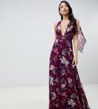 Asos Design Tall Pleated Maxi Dress With Tape Detail In Winter Floral Print - Multi