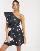 Asos Design One Shoulder Mini Ruffle Dress In Print - Multi