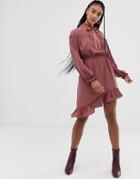 Wild Honey Asymmetric Dress With Pussybow Neck Tie In Polka-pink