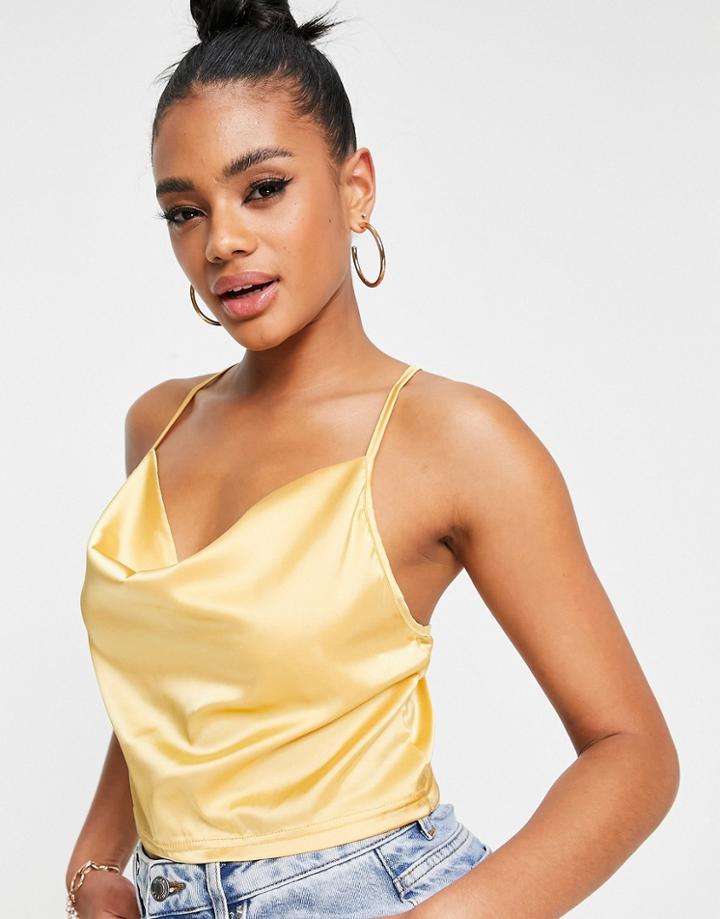 Parisian Satin Cami Strap Top With Cowl Neck In Lemon-green