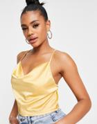 Parisian Satin Cami Strap Top With Cowl Neck In Lemon-green