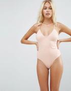 Asos Faux Suede Lace Up Back Swimsuit - Pink