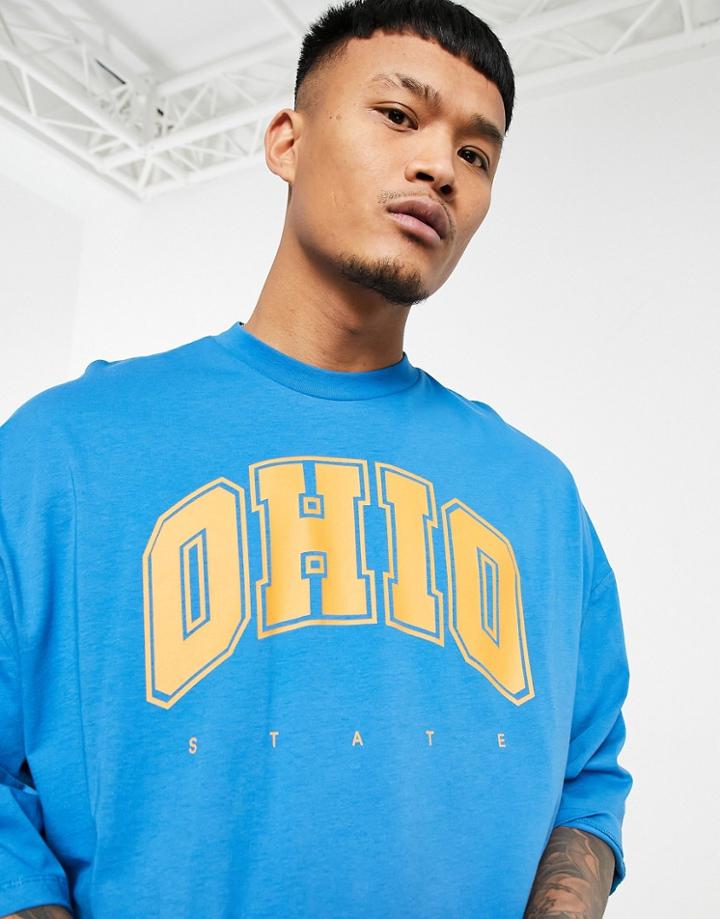 Asos Design Oversized T-shirt In Blue With Collegiate Ohio Print-blues