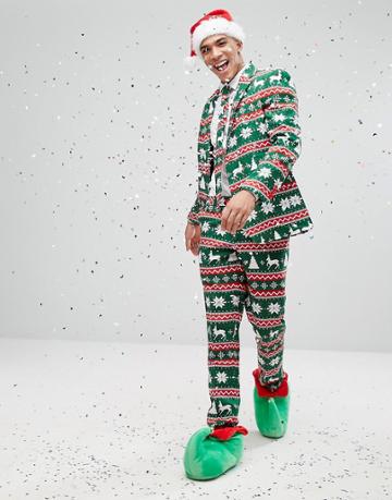 Opposuits Suit + Tie In Xmas Print - Green