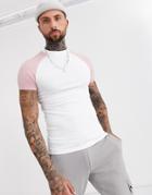 Asos Design Muscle Fit Raglan T-shirt With Crew Neck In White & Pink-multi