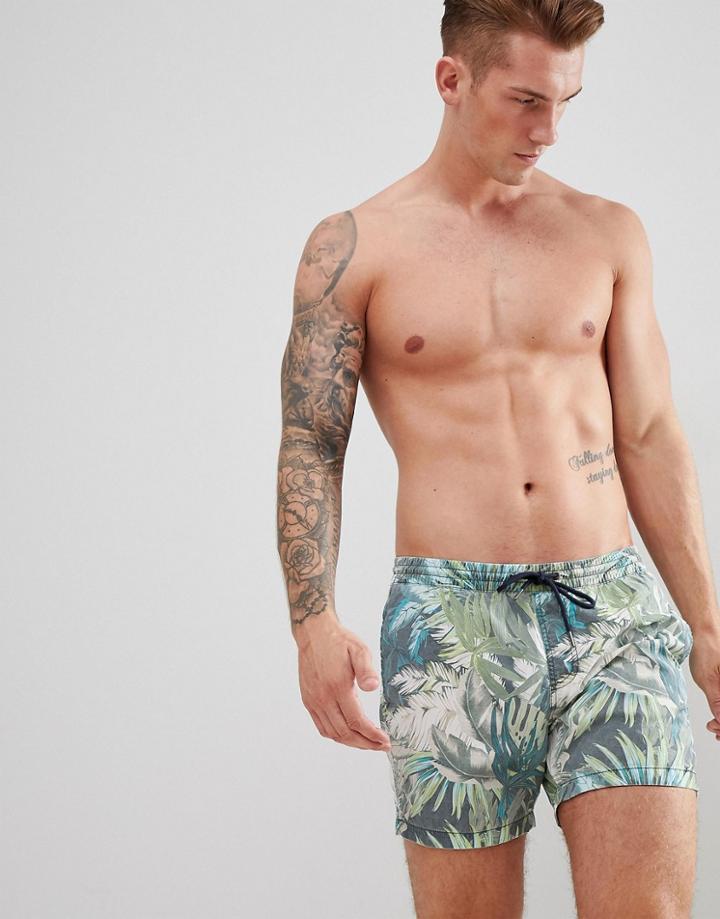 Pull & Bear All Over Print Swim Shorts In Washed Green - Green