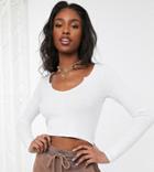 Asos Design Tall Notch Front Long Sleeve Crop Top In Rib In White