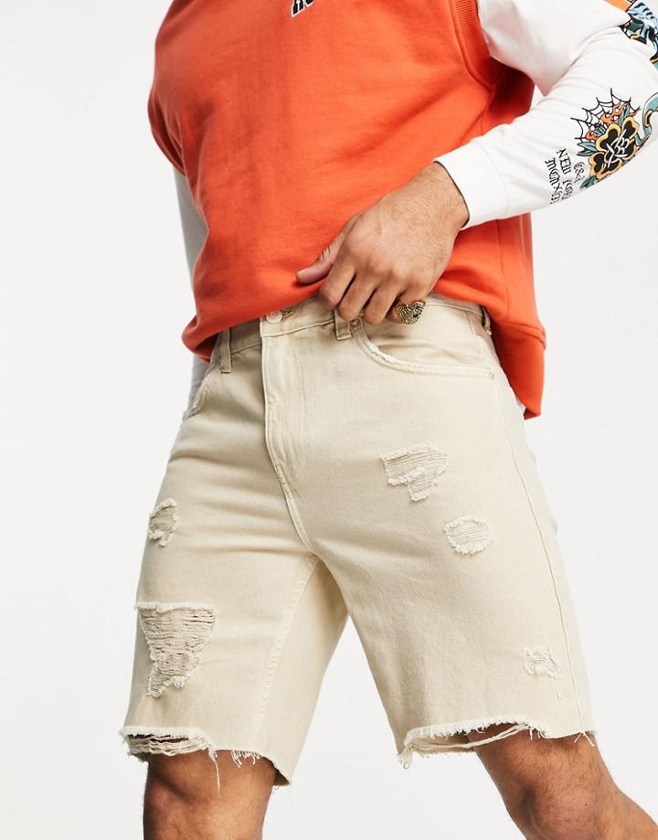 Bershka Slim Distressed Denim Shorts In Ecru-neutral