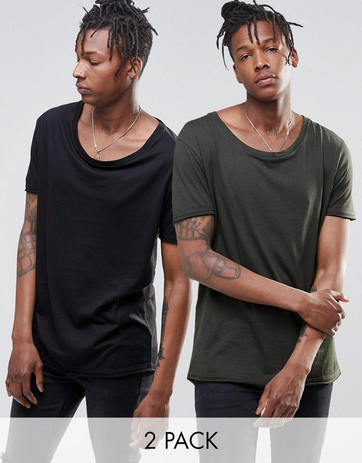 Asos Longline T-shirt 2 Pack With Stretch Neck And Drop Hem - Multi