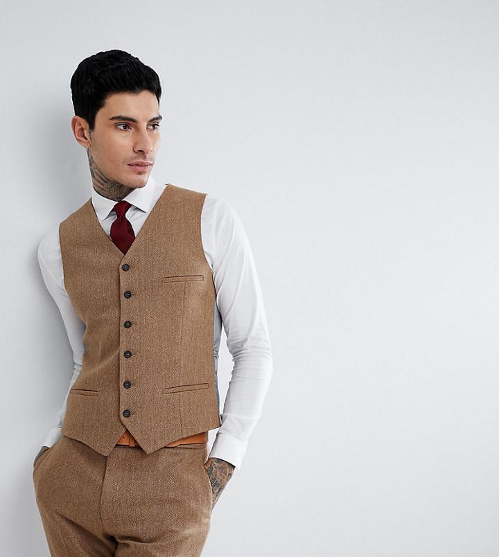 Heart & Dagger Slim Stretch Vest In Herringbone Tweed - Tan