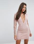 Missguided Lace Sleeve Plunge Bodycon Dress - Beige
