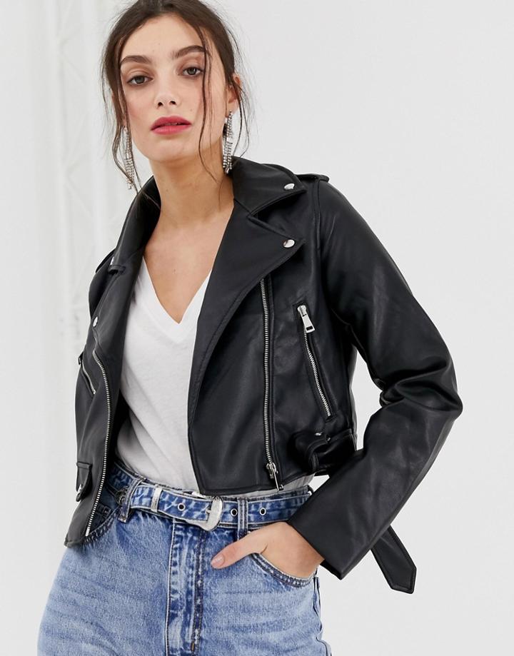 Stradivarius Pu Biker Jacket In Black - Black