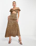 Never Fully Dressed Ruffle Sleeve Cut-out Maxi Dress In Leopard-brown