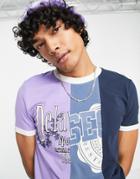 Asos Design Skinny T-shirt In Purple And Blue Color Block With Delaware City Print