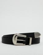 Asos Design Faux Leather Skinny Western Belt In Black With Edge Emboss Buckle - Black