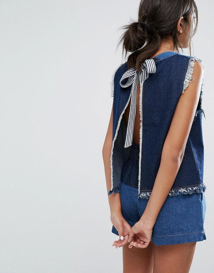 J.o.a Open Back Denim Top With Raw Hems Co-ord - Navy