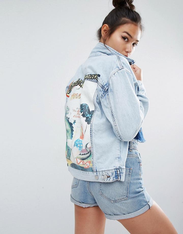 Pull & Bear Denim Jacket With Wonder Woman Motif - Blue