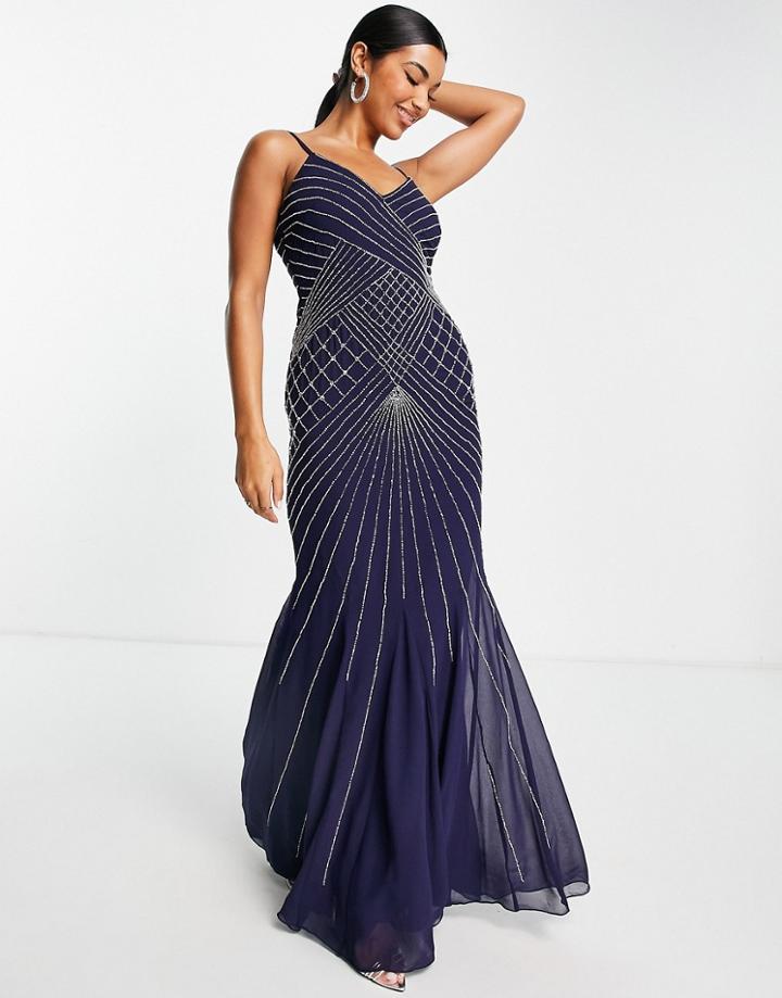 Goddiva Strappy Embroidered Maxi Dress In Navy