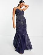 Goddiva Strappy Embroidered Maxi Dress In Navy