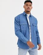 Asos Design Oversized Organic Denim Shirt With Double Pockets In Mid Wash