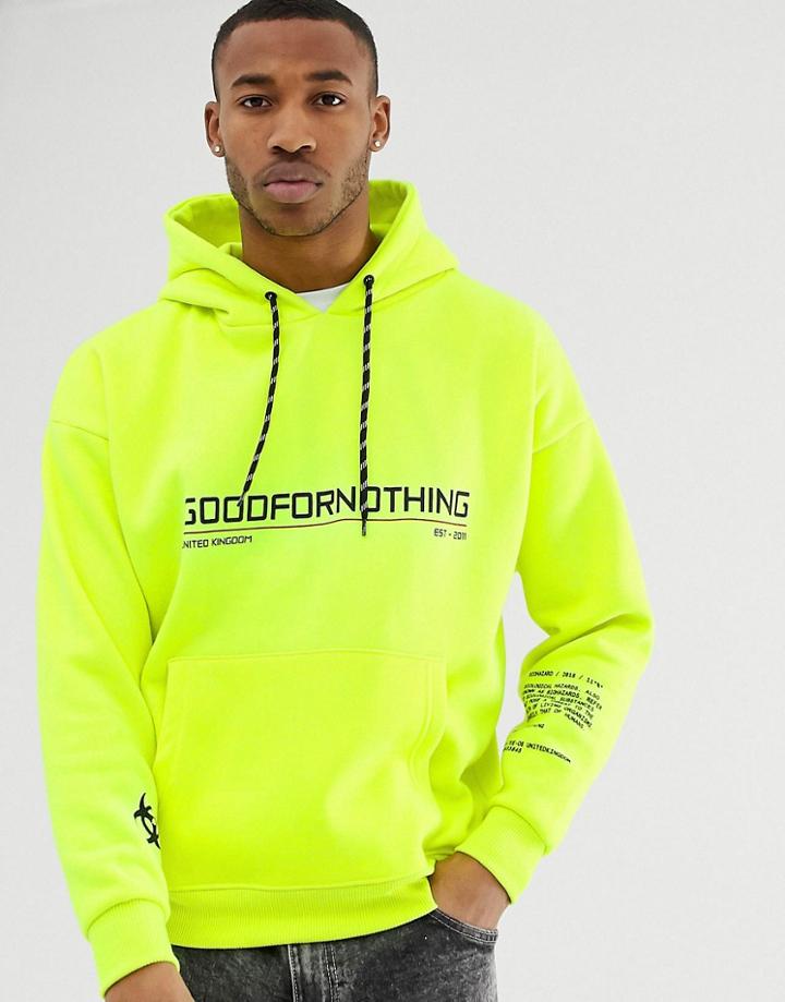 Good For Nothing Oversized Hoodie In Neon Yellow With Chest Logo - Yellow