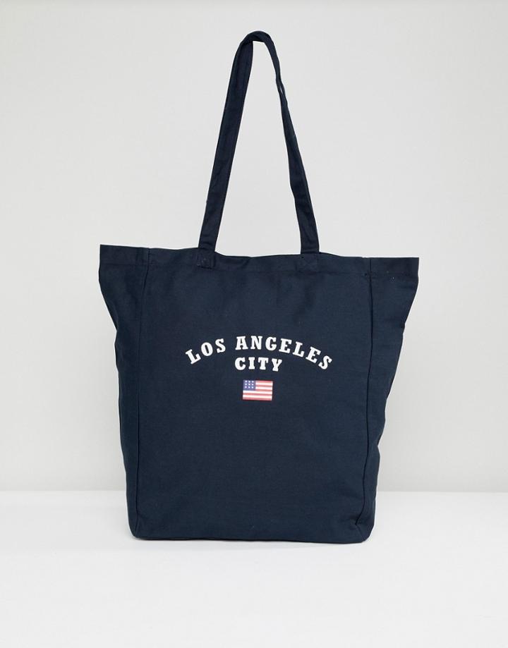 Pull & Bear La Canvas Tote In Navy - Navy