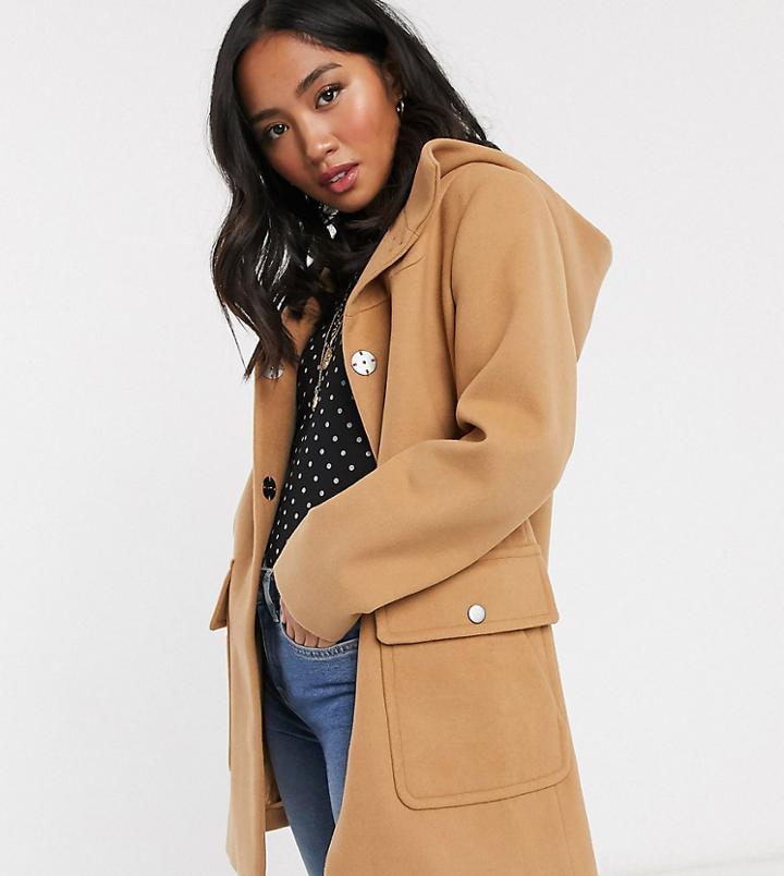 Asos Design Petite Hooded Slim Coat In Camel-beige