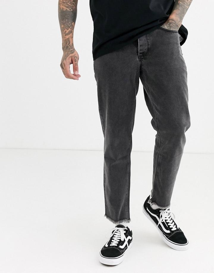 Asos Design Classic Rigid Jeans In Washed Black With Frayed Hem