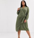 Asos Design Curve Collared Wrap Midi Dress-green