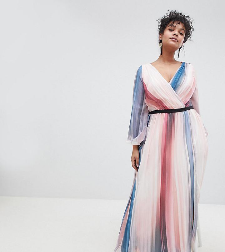 Little Mistress Plus Contrast Stripe Plunge Front Maxi Dress - Multi