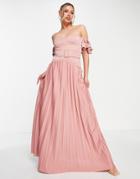 Asos Design Bardot Belted Pleated Maxi Dress In Rose-pink