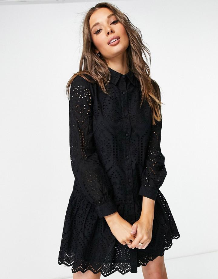 Lipsy Broderie Smock Shirt Dress In Black