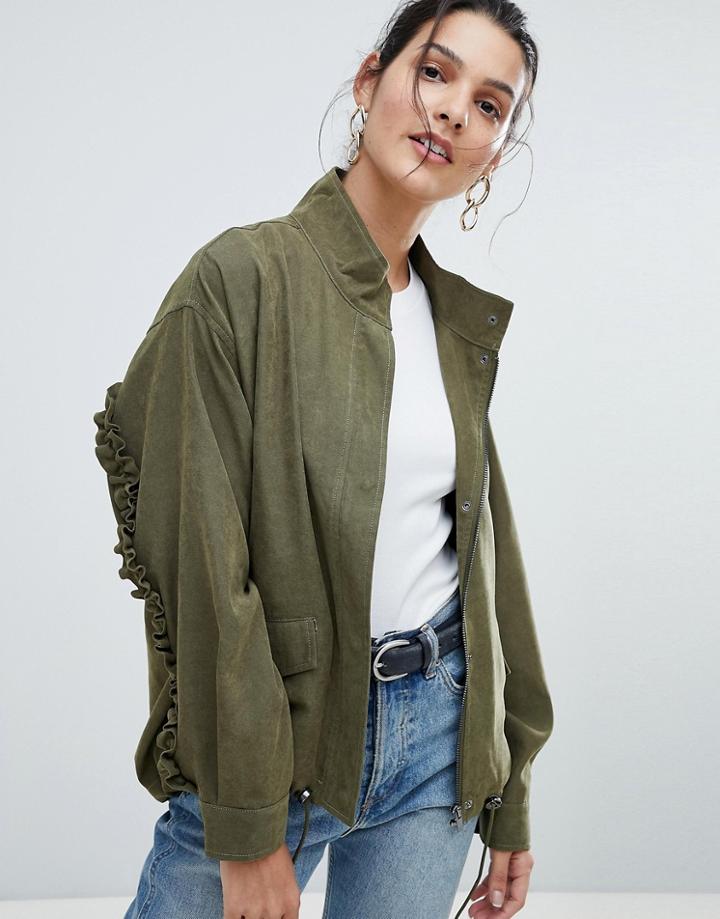 Vila Ruffle Sleeve Lightweight Parka - Green