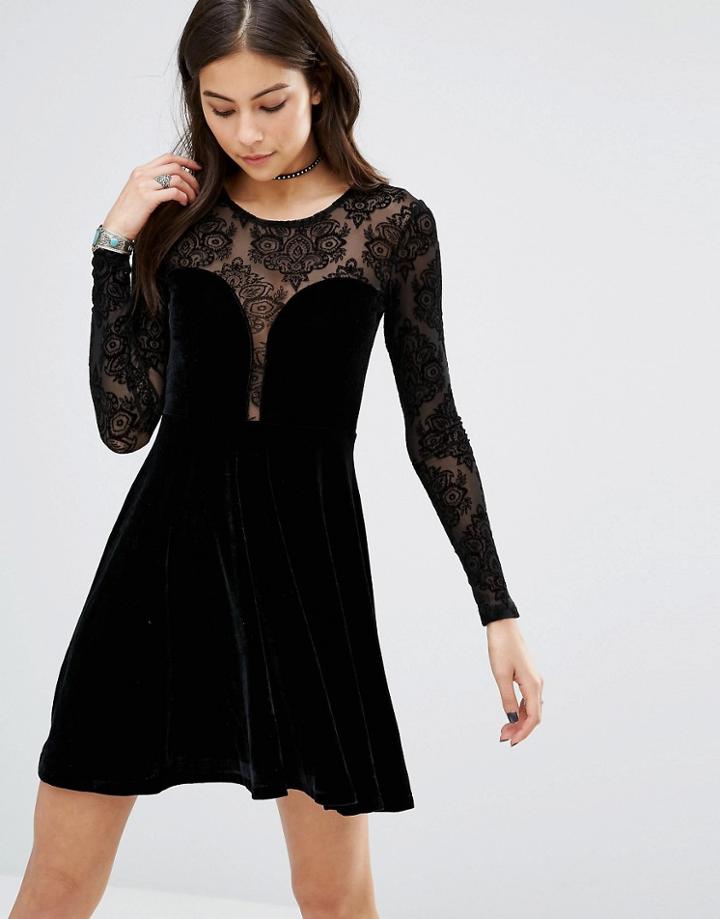 Motel Moonchild Skater Dress Velvet And Lace - Black