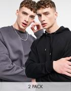 Asos Design Oversized Hoodie & Sweatshirt In Washed Gray/black 2 Pack-multi