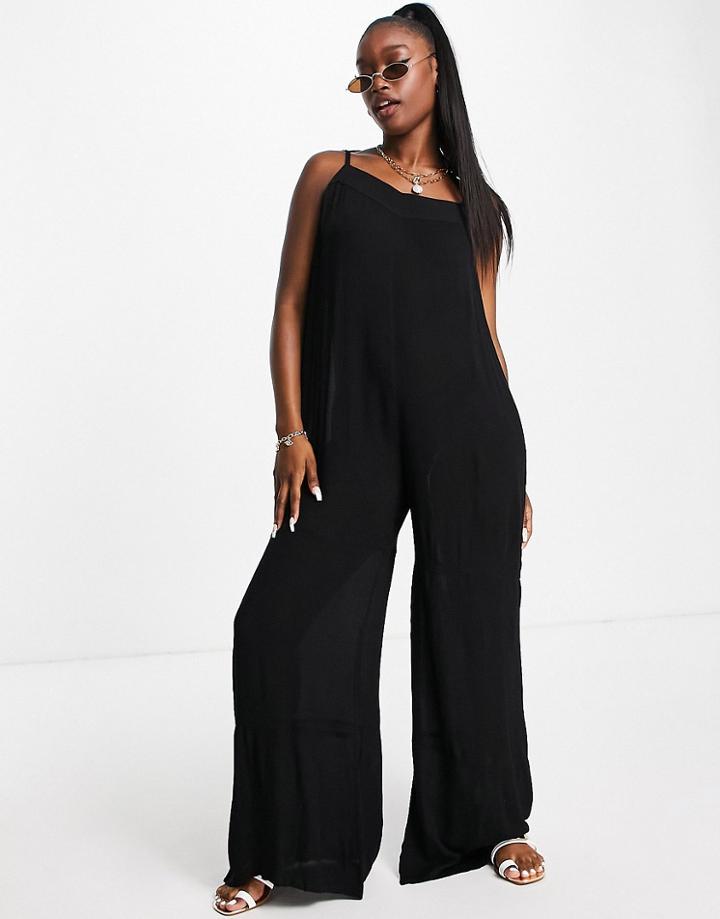 Asos Design Tiered Tie Shoulder Beach Jumpsuit In Black