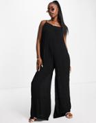 Asos Design Tiered Tie Shoulder Beach Jumpsuit In Black